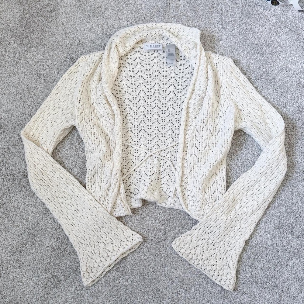 Villager Tie Front Bell Sleeve Crochet Cardigan - Size Large